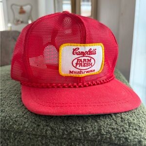 Vintage Derby Cap Trucker Hat Campbell Soup Mushrooms Red Mesh Snapback USA made